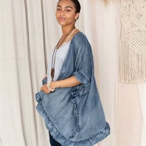 Three Bird Nest Washed Denim Blue Ruffle Kimono Sweater